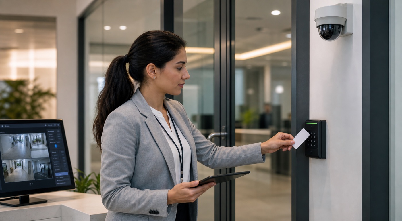 Female security professional using a door access reader beside a security camera