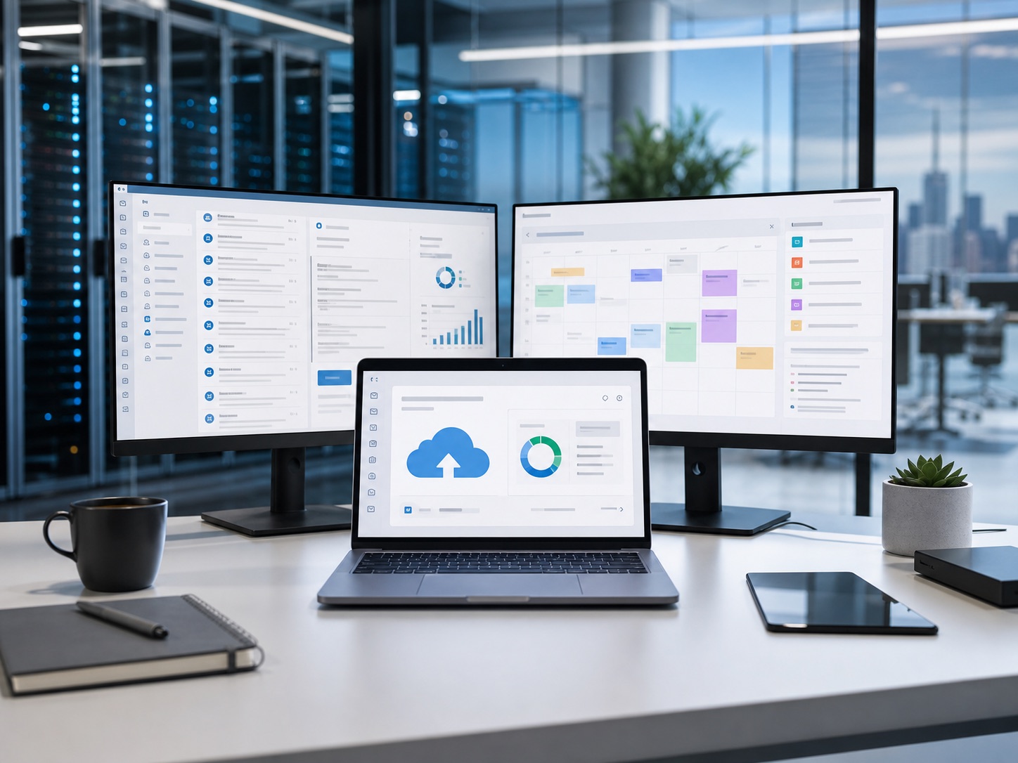 Cloud productivity and data service dashboards in a modern office