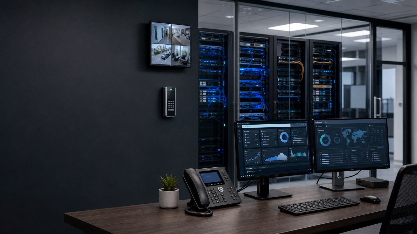 Modern IT operations desk with servers, phone system, access control, and security monitoring