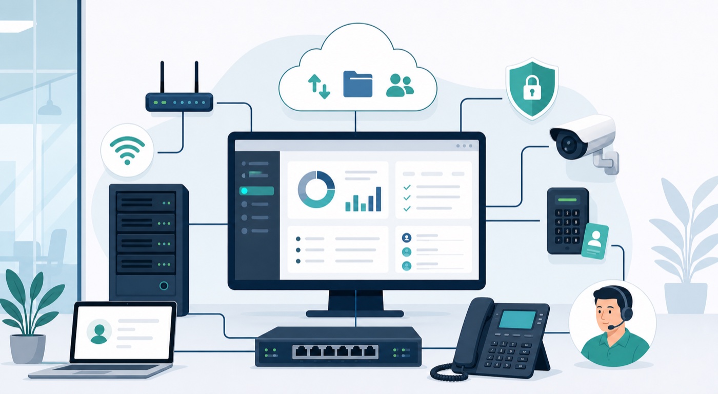 Illustration of cloud, network, phone, security, and support systems connected simply
