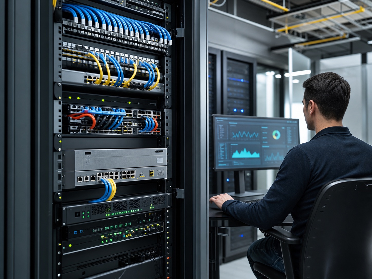 Network rack with switches, servers, and structured cabling