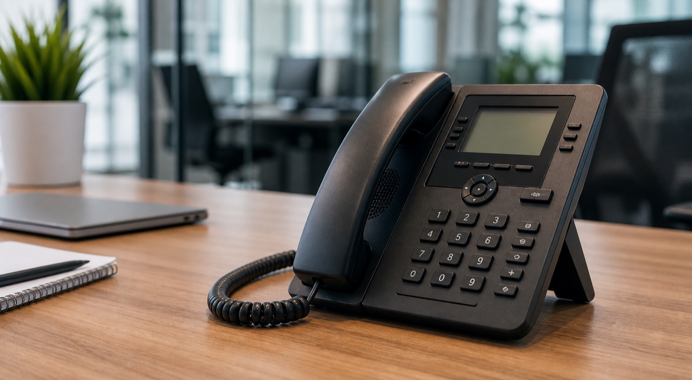 Office VoIP telephone set on a business desk